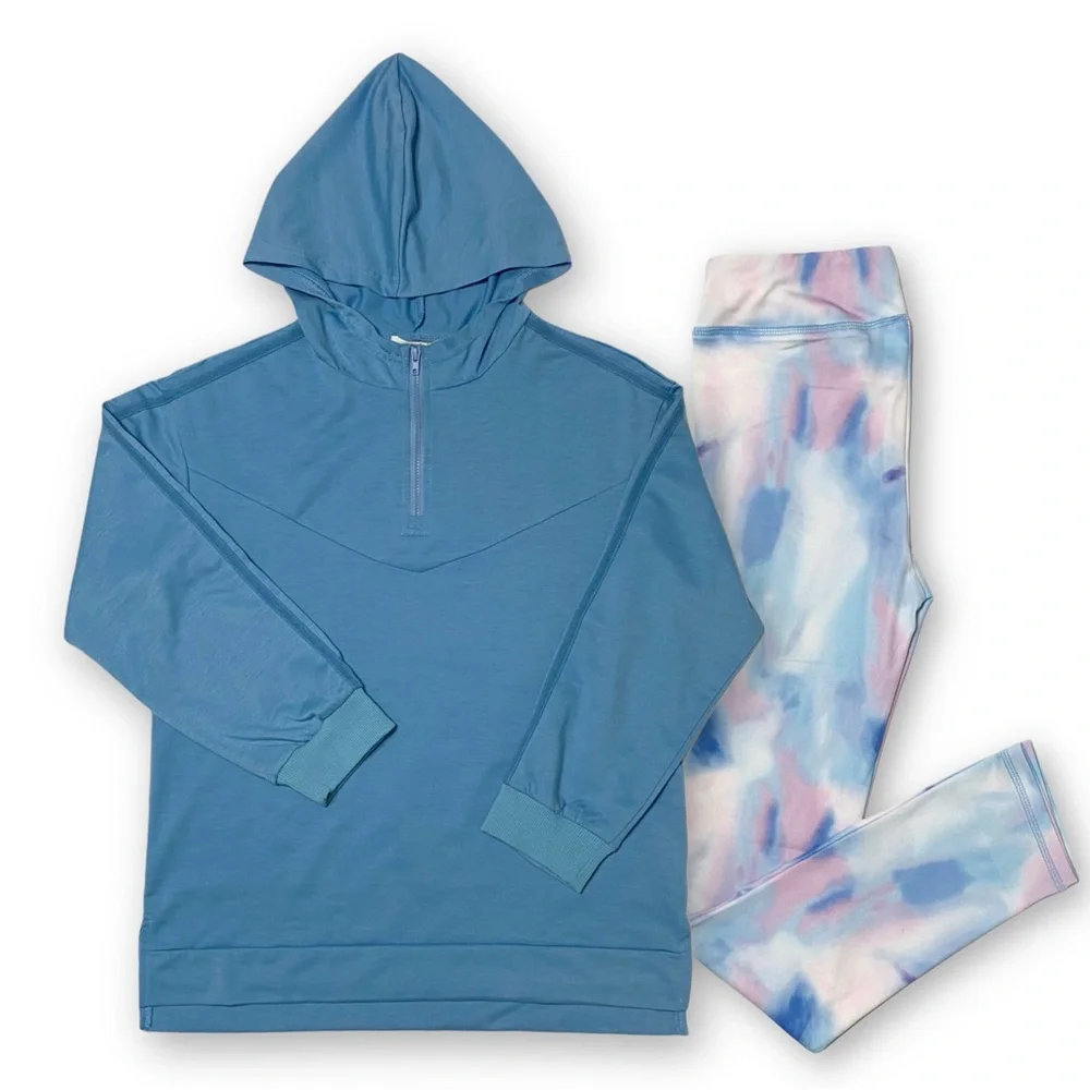 Grace Karin Girls 12 Blue 2 Piece Activewear Set Quarter-Zip Hoodie And Leggings